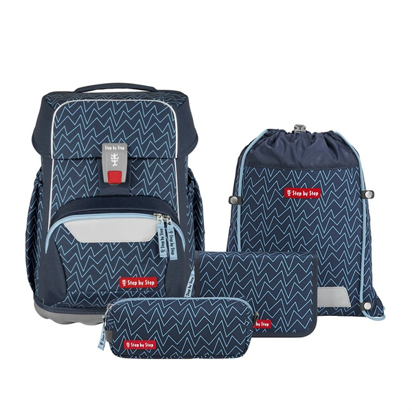 Školní aktovka pro prvňáčky – 4 dílný set, Step by Step BASIS Blue Lines, AGR