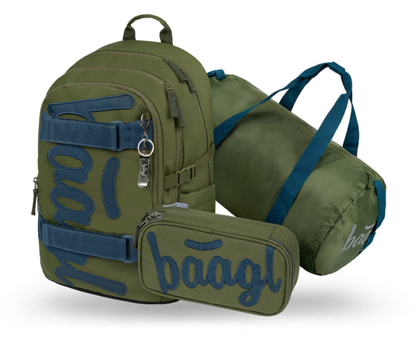 BAAGL SET 3 Skate Olive: batoh, penál, sportovní taška GRS