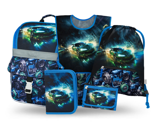 BAAGL SET 5 Zippy Závodní auto: aktovka, penál, sáček, zástěra, peněženka